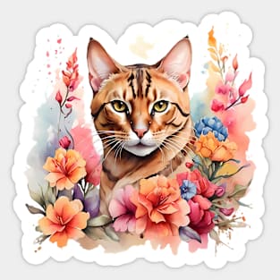 A bengal cat decorated with beautiful watercolor flowers Sticker